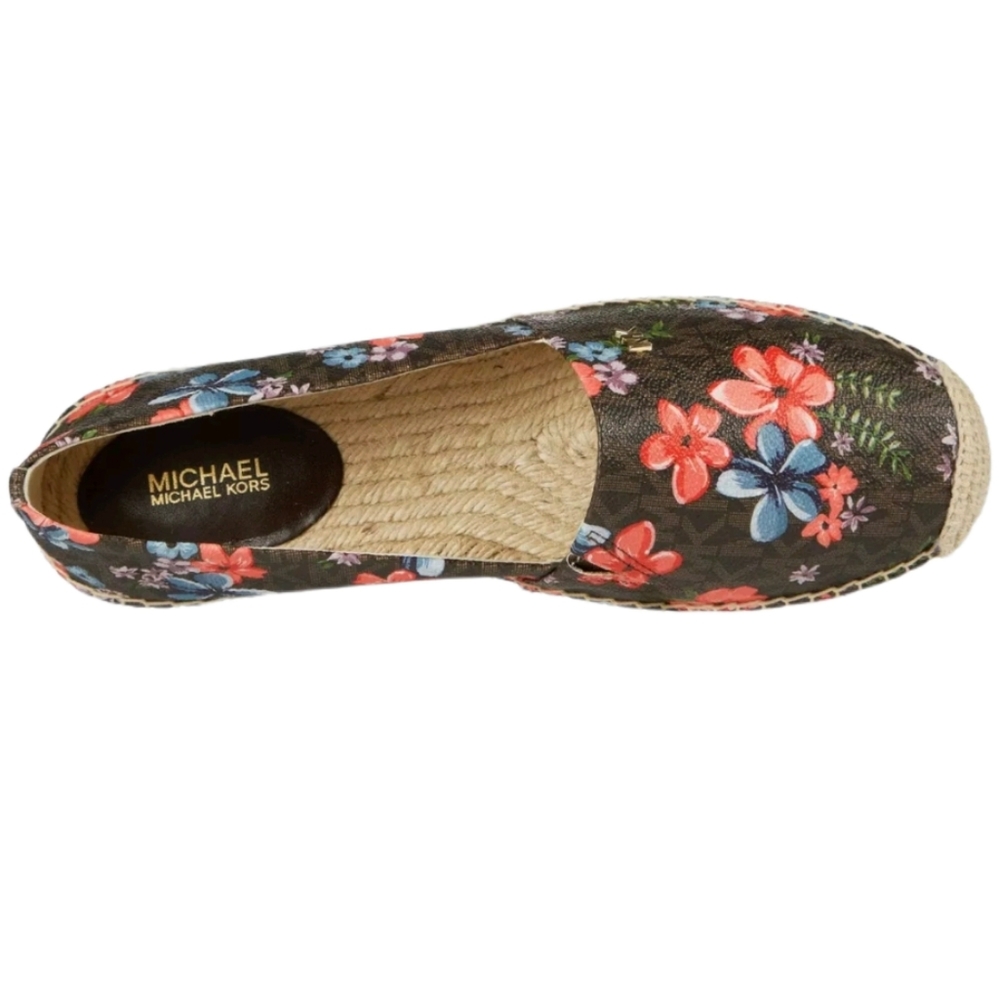 MICHAEL KORS Kendrick Floral Brown Gold Logo Slip-On Espadrille